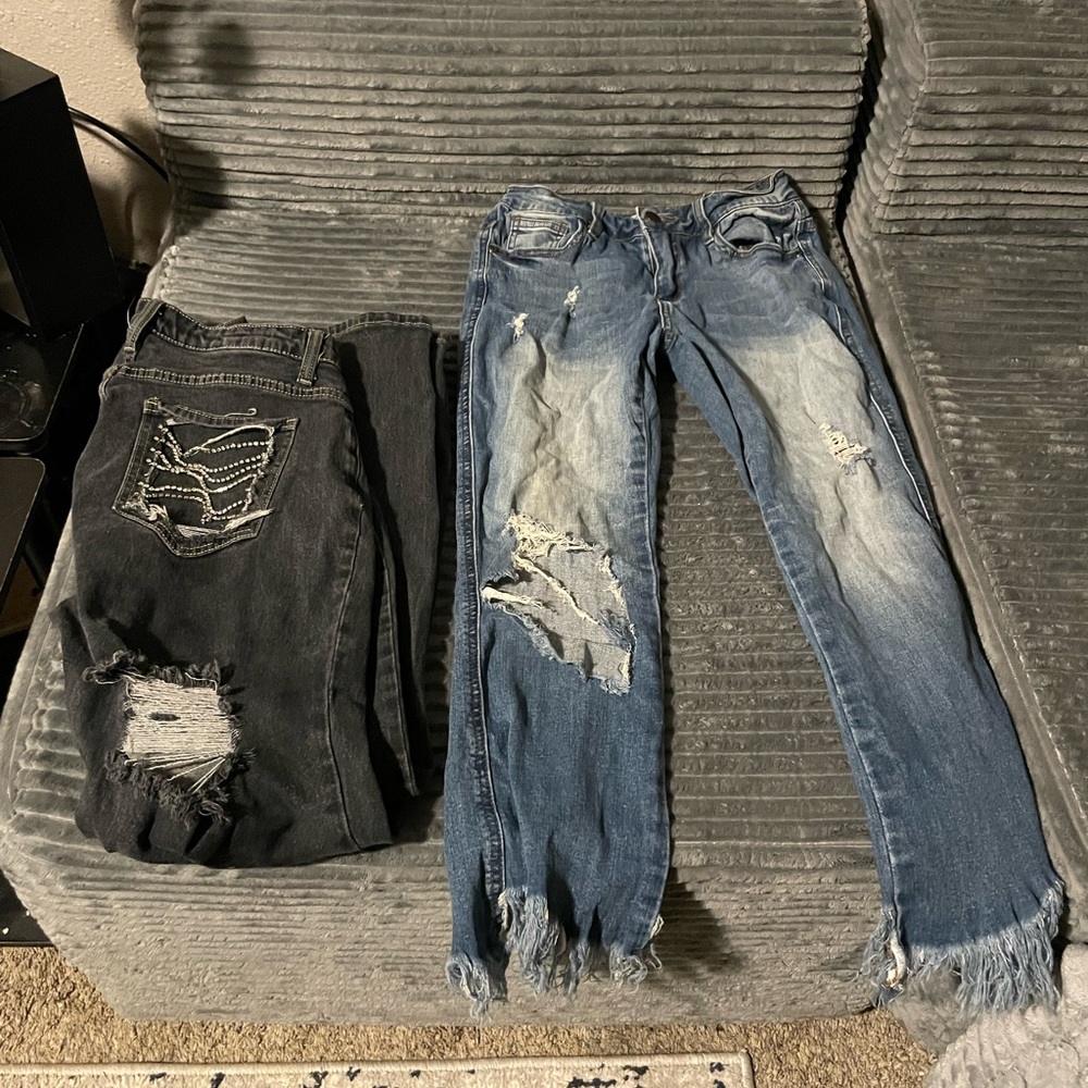 Distressed Blue and Black Jeans